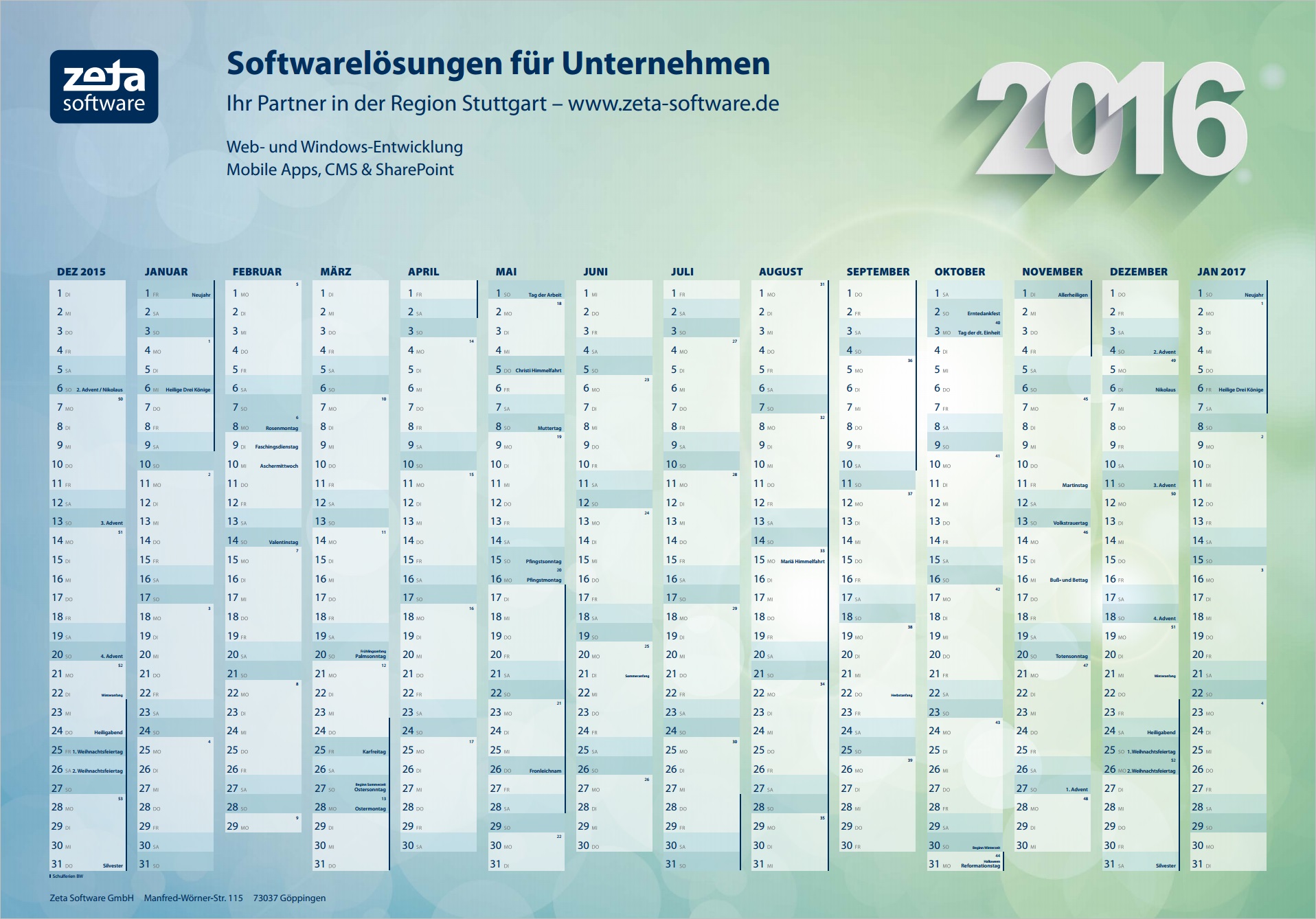 Kostenloser Wandkalender 2016 zum selber Ausdrucken als PDF
