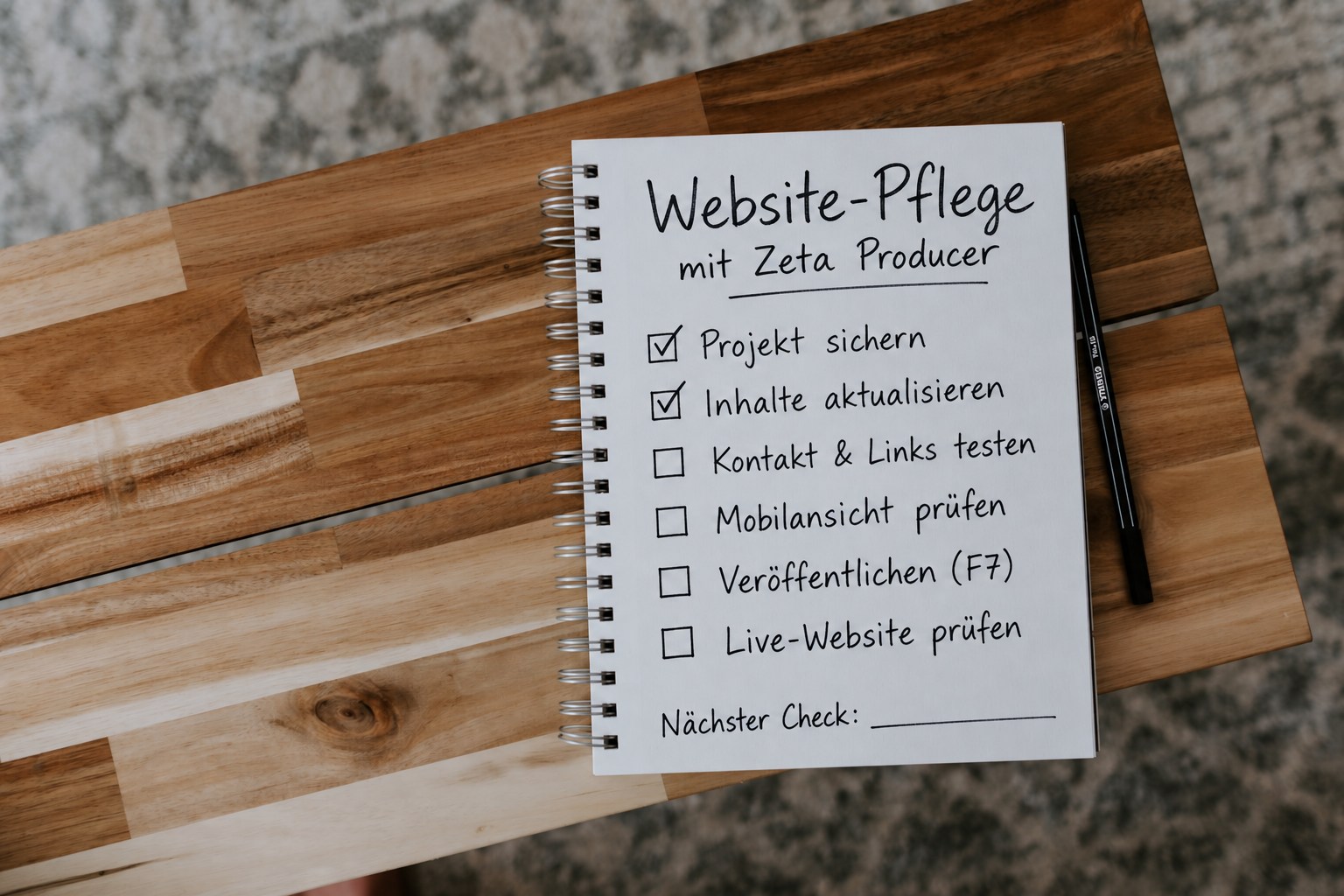 Handschriftliche Checkliste zur Website-Pflege mit Zeta Producer: Projekt sichern, Inhalte aktualisieren, Kontakt und Links testen, Mobilansicht prüfen, mit F7 veröffentlichen und die Live-Website prüfen.