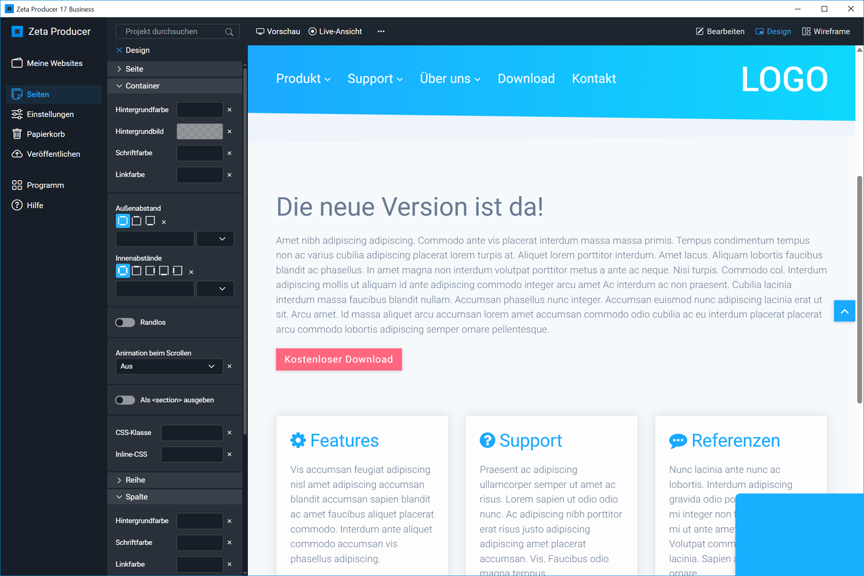 Zeta Producer 17 mit geöffneten Einstellungen für Farben und Abstände neben der Website-Vorschau.
