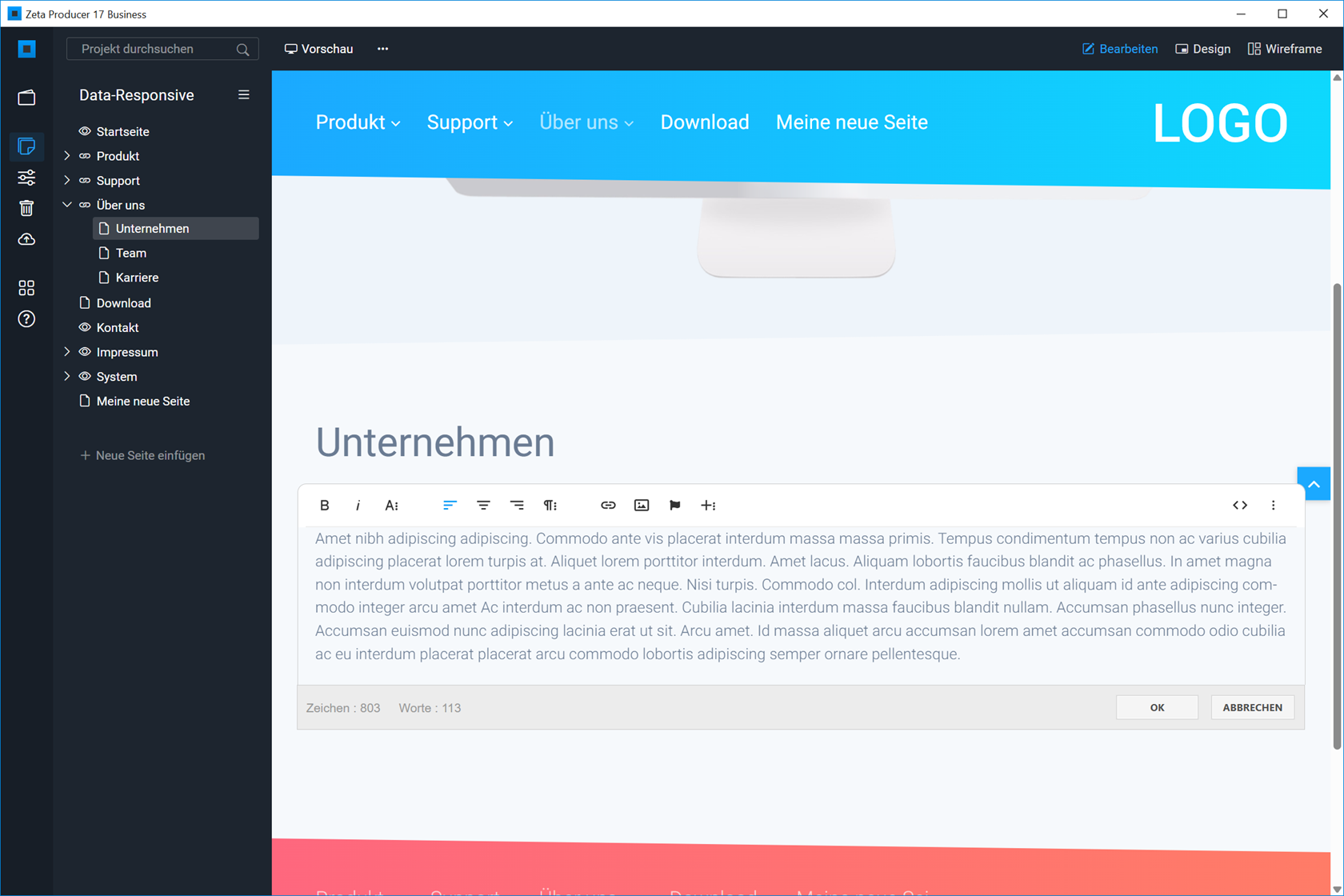 Zeta Producer 17 mit Seitenbaum links und geöffnetem Texteditor in der Website-Vorschau rechts.
